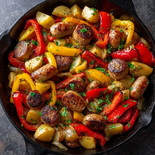 One Pan Sausage, Peppers, and Potatoes  