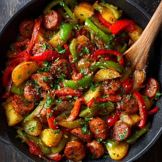 One Pan Sausage, Peppers, and Potatoes  